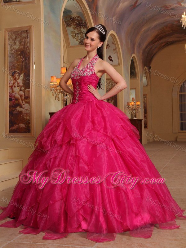 Pretty Appliques Halter Top Ruffles Hot Pink Quinceanera Dresses