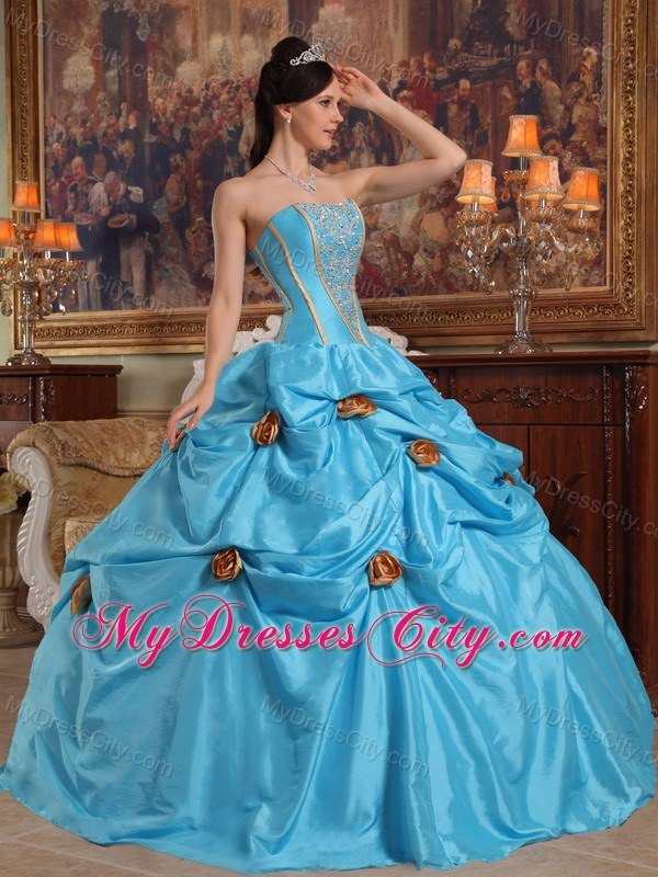 Beaded Strapless Flowers Aqua Blue Dresses For 2013 Sweet 15