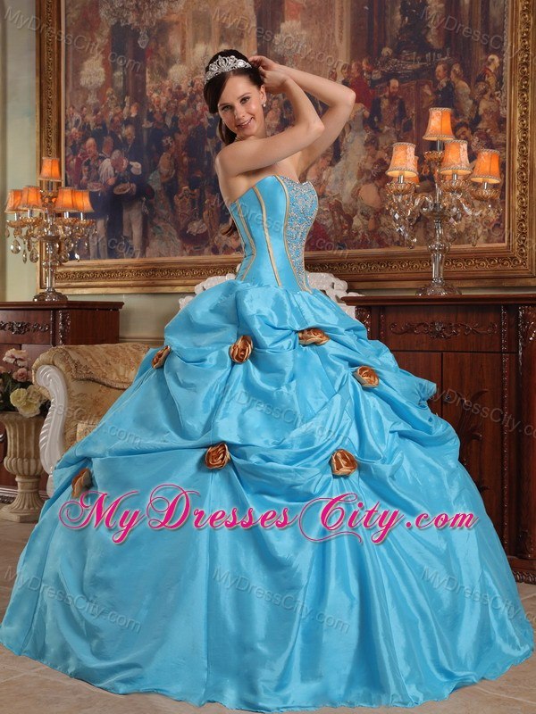 Beaded Strapless Flowers Aqua Blue Dresses For 2013 Sweet 15