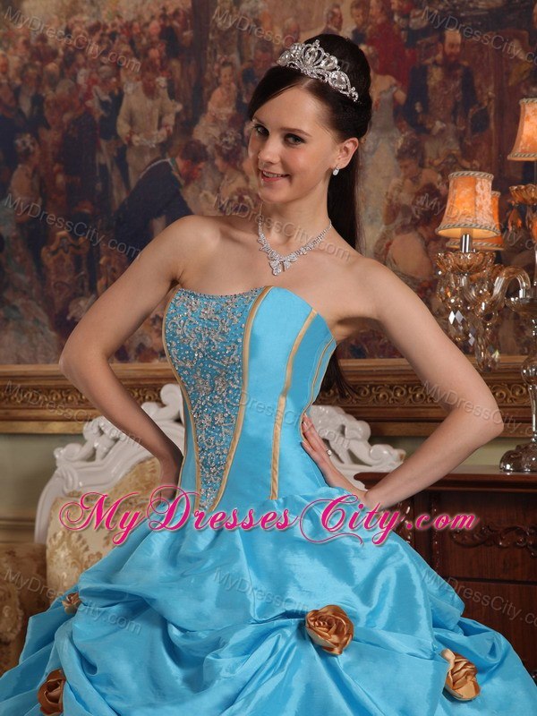 Beaded Strapless Flowers Aqua Blue Dresses For 2013 Sweet 15