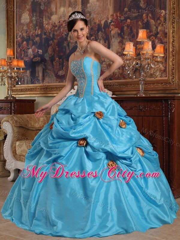 Beaded Strapless Flowers Aqua Blue Dresses For 2013 Sweet 15