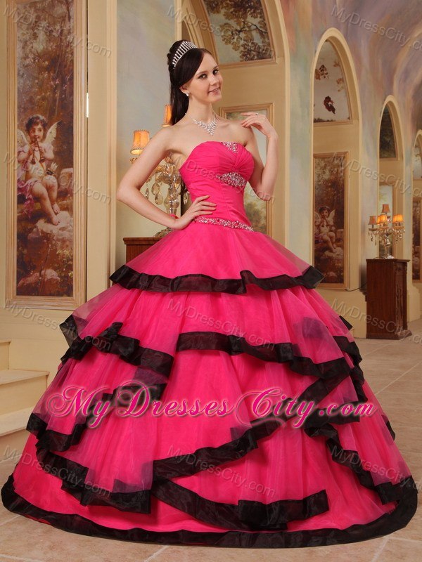 Coral Red Beaded Strapless Black Hem Quinceanera Party Dresses