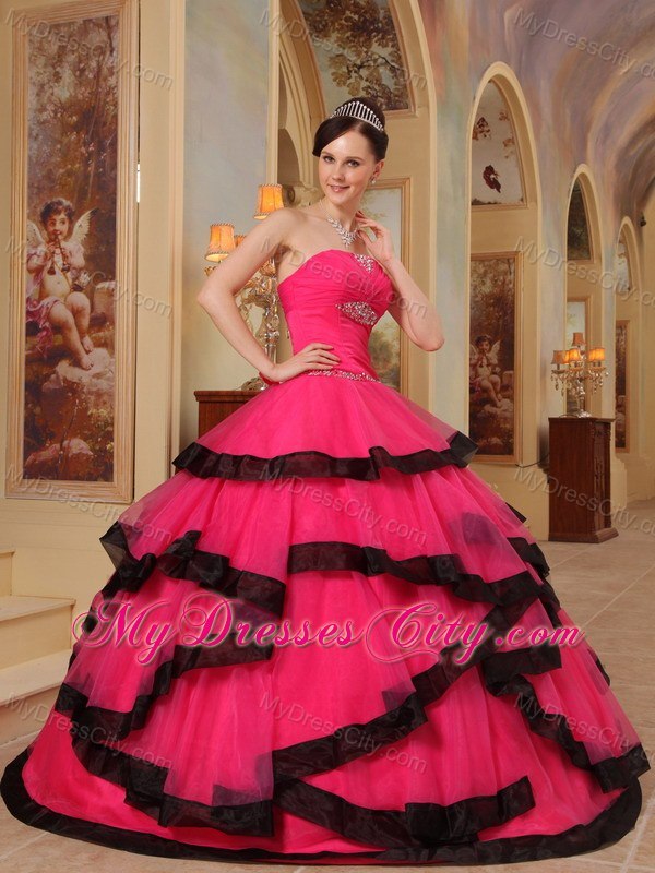 Coral Red Beaded Strapless Black Hem Quinceanera Party Dresses