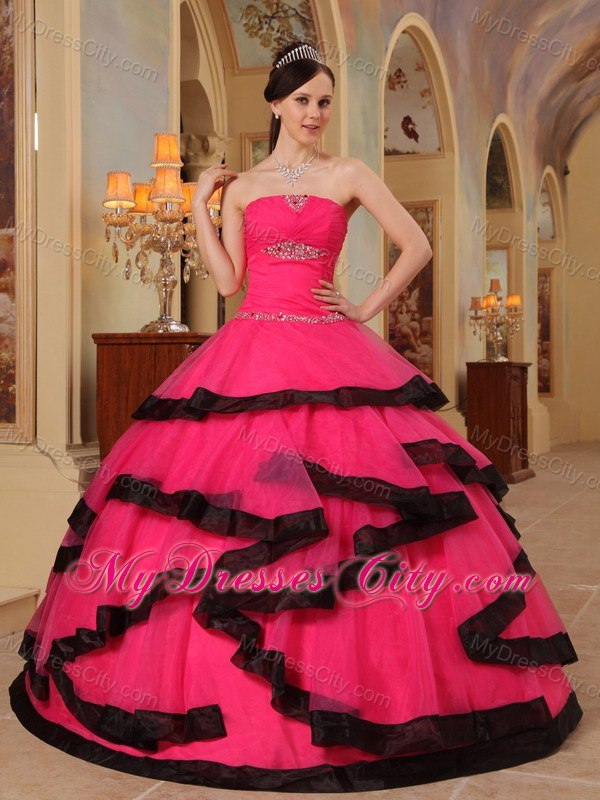 Coral Red Beaded Strapless Black Hem Quinceanera Party Dresses