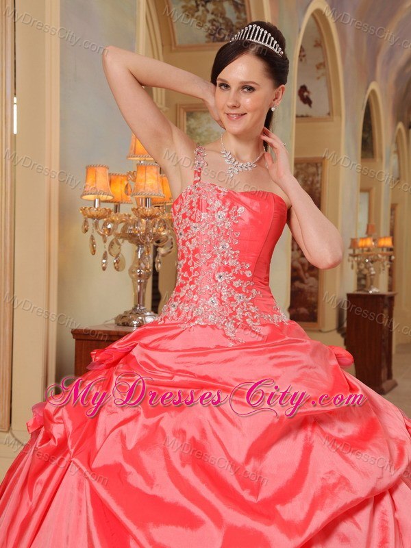 One Shoulder Appliques Tiers Watermelon Quinceanera Party Dresses