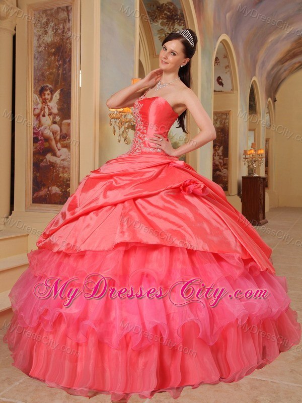 One Shoulder Appliques Tiers Watermelon Quinceanera Party Dresses