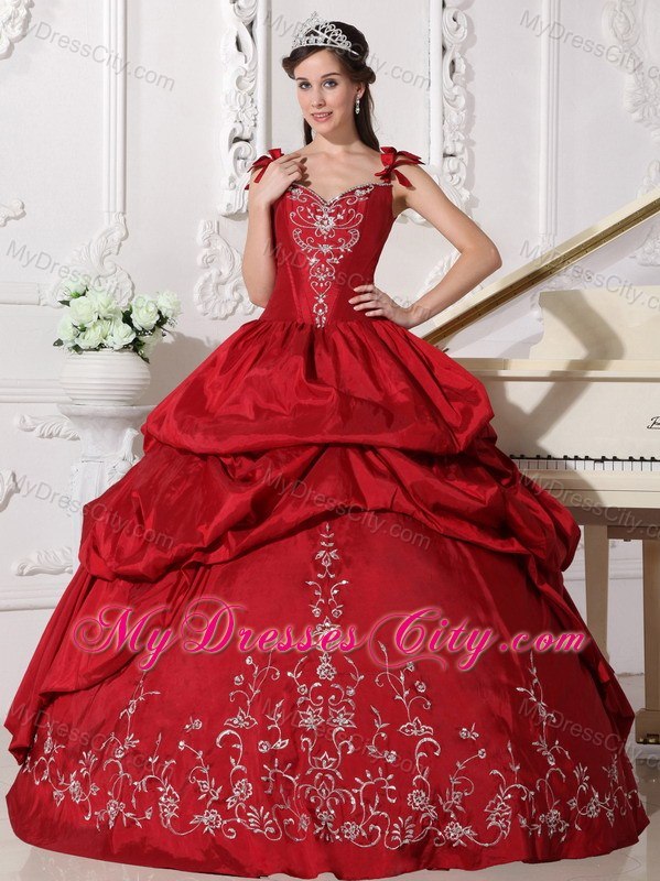 Flowers Straps Embroidery Pick Ups Wine Red Dresses For Sweet 15