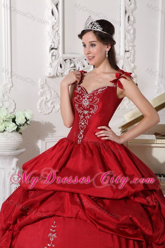 Flowers Straps Embroidery Pick Ups Wine Red Dresses For Sweet 15