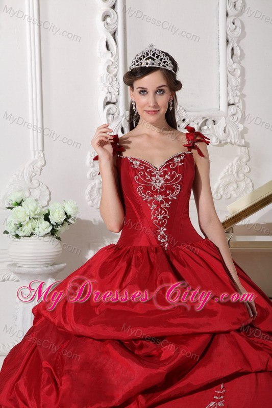 Flowers Straps Embroidery Pick Ups Wine Red Dresses For Sweet 15