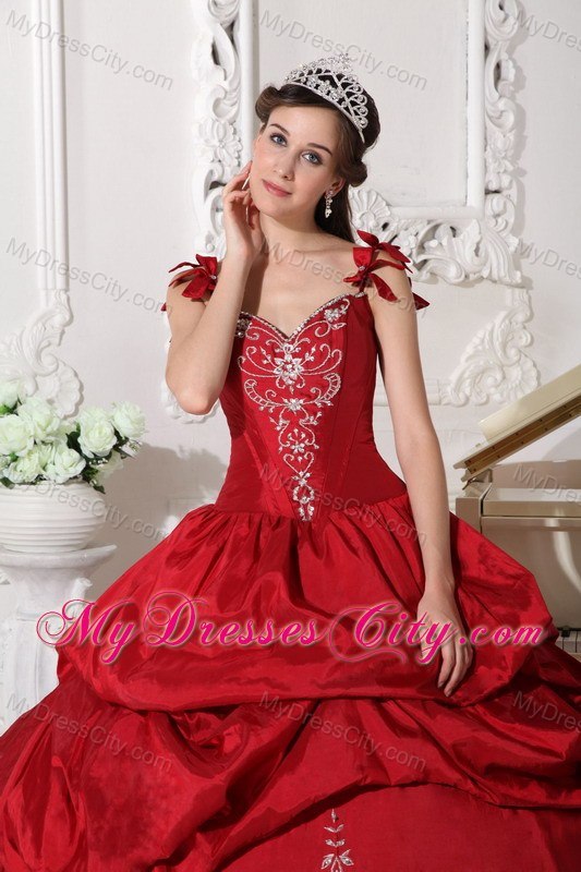 Flowers Straps Embroidery Pick Ups Wine Red Dresses For Sweet 15