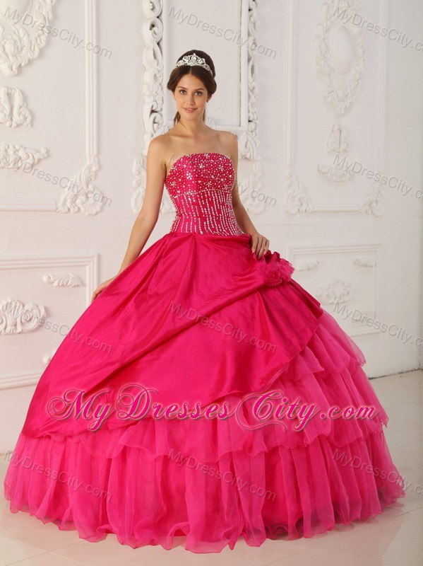 Beaded Strapless Organza Flowers Hot Pink Quinceanera Gowns