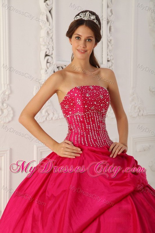 Beaded Strapless Organza Flowers Hot Pink Quinceanera Gowns