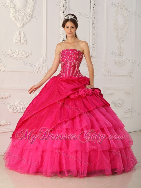 Beaded Strapless Organza Flowers Hot Pink Quinceanera Gowns