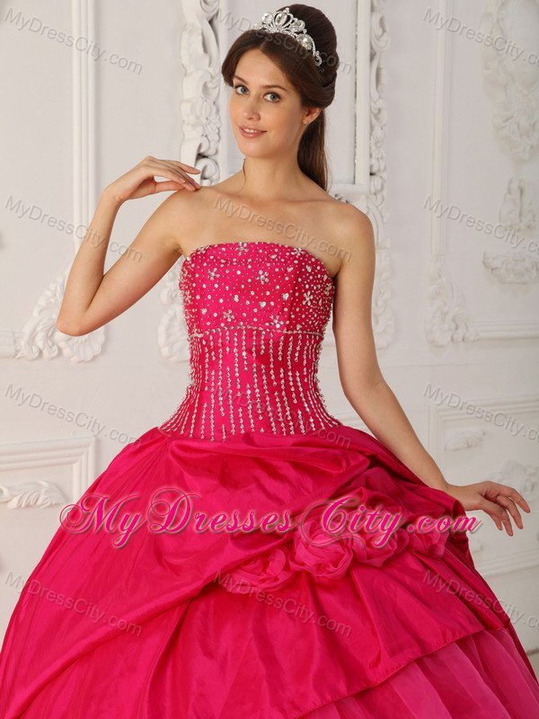 Beaded Strapless Organza Flowers Hot Pink Quinceanera Gowns