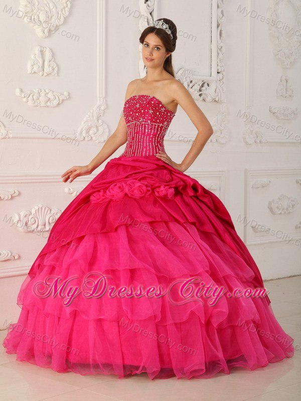 Beaded Strapless Organza Flowers Hot Pink Quinceanera Gowns