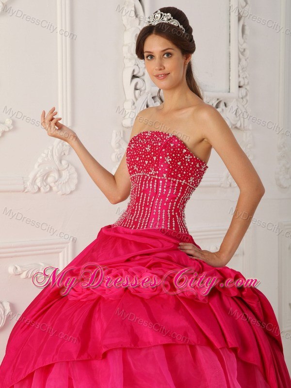 Beaded Strapless Organza Flowers Hot Pink Quinceanera Gowns