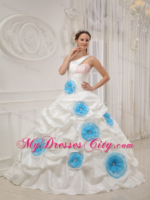 One Shoulder Blue Flowers White Dresses For Sweet 16 With Pick Ups