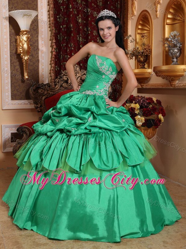 Strapless Appliques Turquoise Quinceanera Dress With Pick Ups