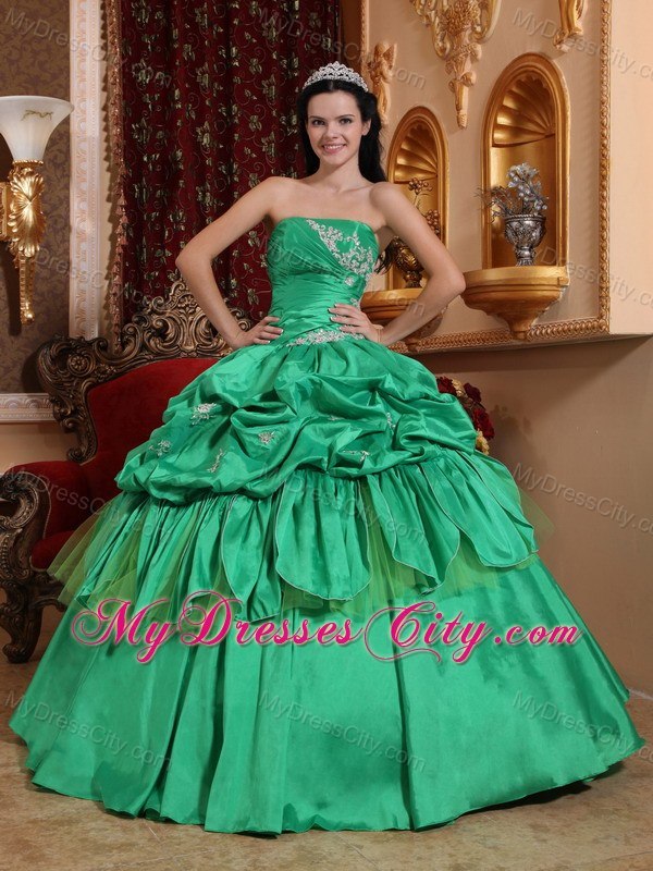 Strapless Appliques Turquoise Quinceanera Dress With Pick Ups