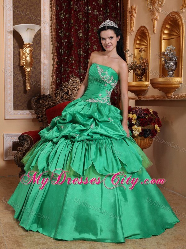 Strapless Appliques Turquoise Quinceanera Dress With Pick Ups