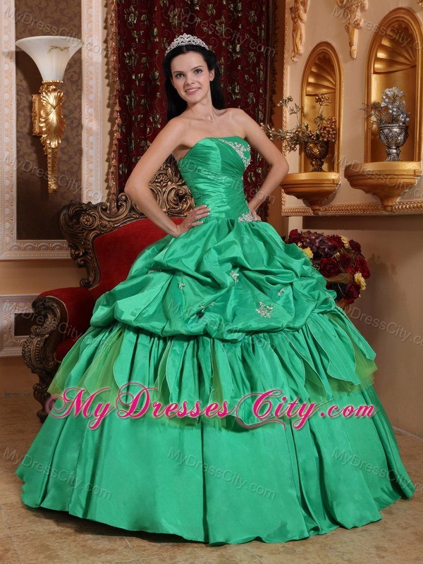 Strapless Appliques Turquoise Quinceanera Dress With Pick Ups