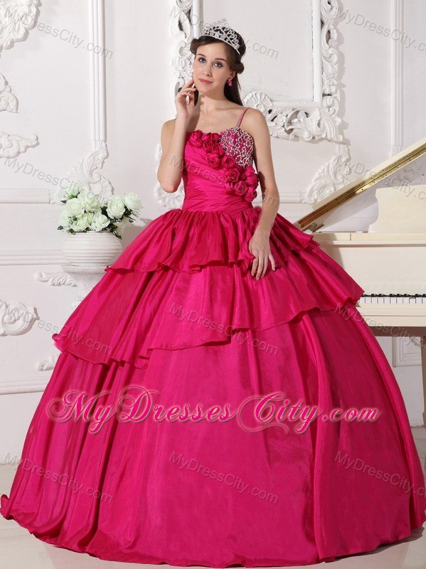 Spaghetti Straps Flowers Beaded Hot Pink Quinceanera Gowns