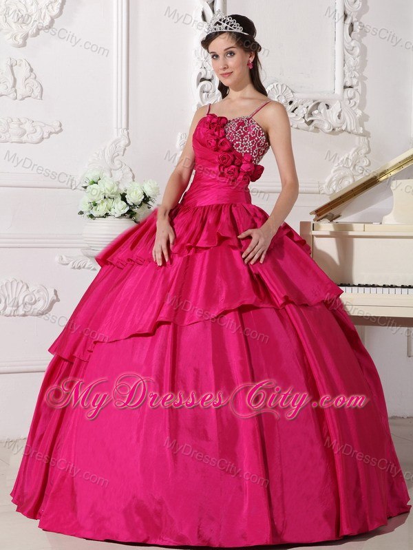 Spaghetti Straps Flowers Beaded Hot Pink Quinceanera Gowns