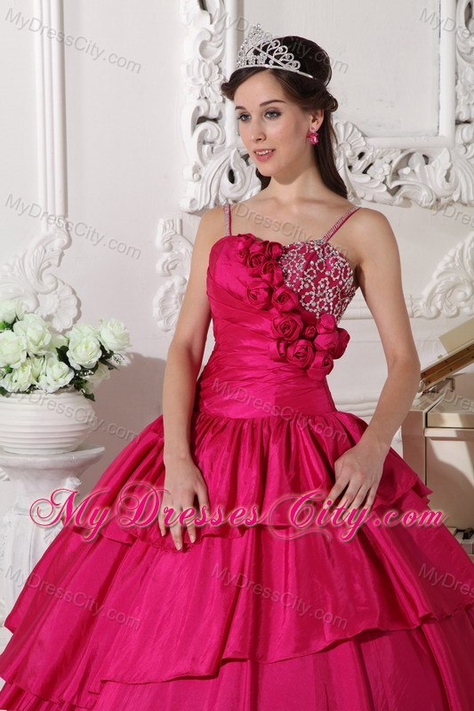 Spaghetti Straps Flowers Beaded Hot Pink Quinceanera Gowns