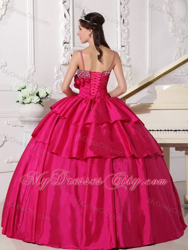 Spaghetti Straps Flowers Beaded Hot Pink Quinceanera Gowns