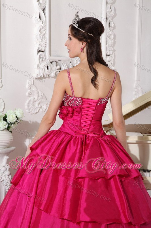 Spaghetti Straps Flowers Beaded Hot Pink Quinceanera Gowns