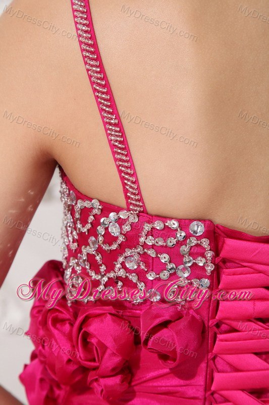 Spaghetti Straps Flowers Beaded Hot Pink Quinceanera Gowns