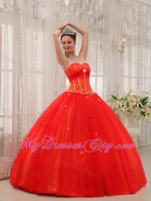 Sweetheart Petals Tulle Red Cheap Quinceanera Gowns On Sale