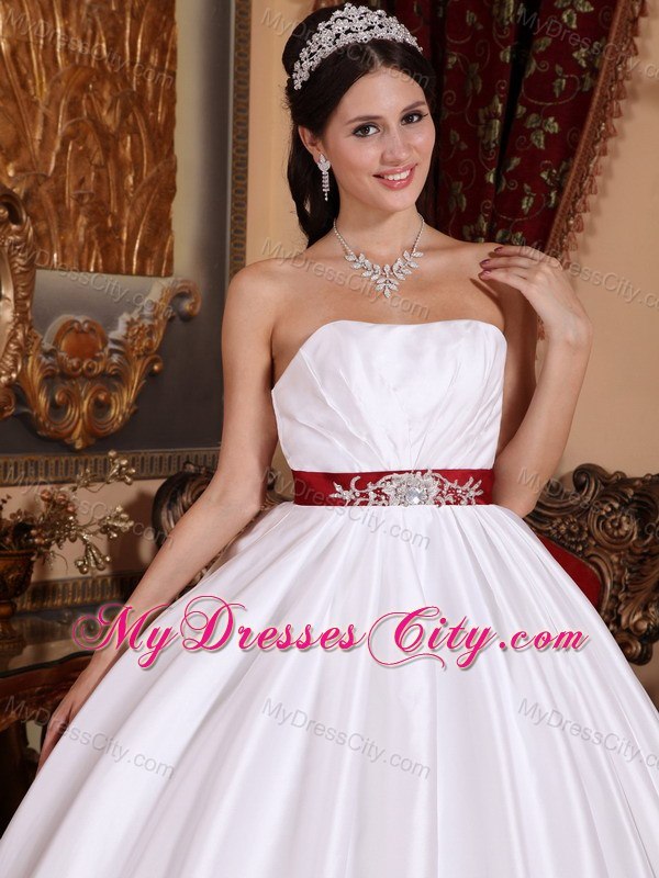 Embroidery With Beading On Red Sash White Quinceanera Dresses