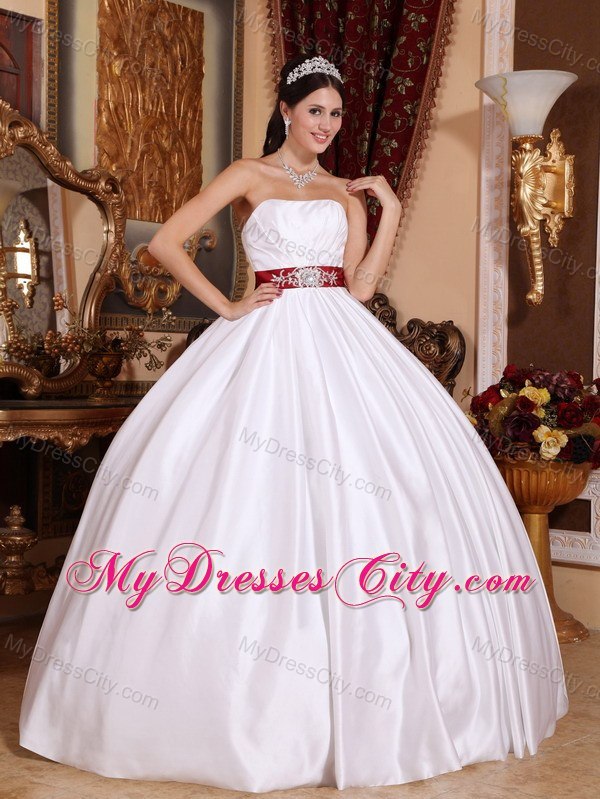 Embroidery With Beading On Red Sash White Quinceanera Dresses