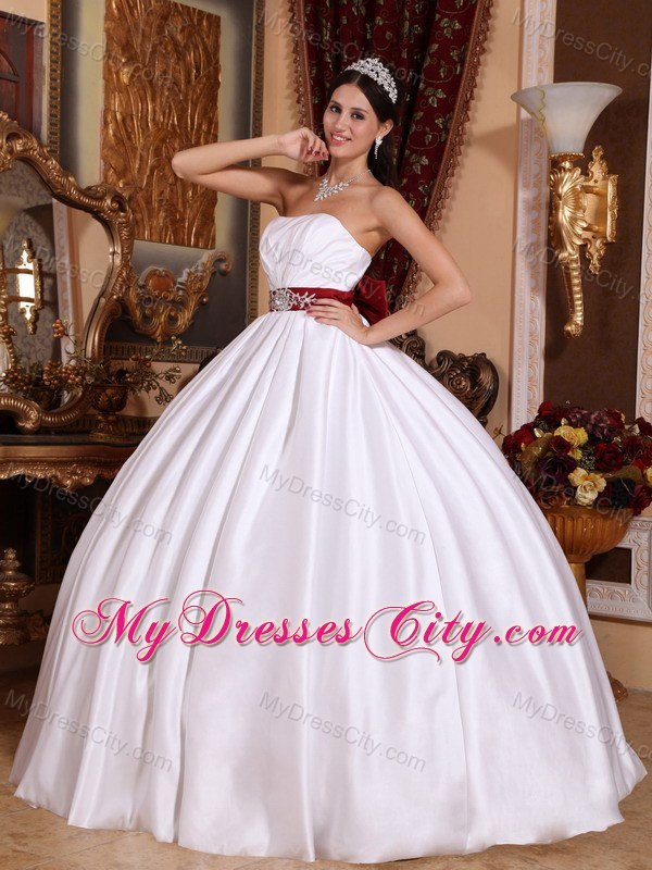 Embroidery With Beading On Red Sash White Quinceanera Dresses