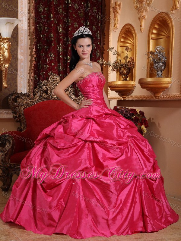 Strapless Beaded Pick Ups Coral Red Quinceanera Party Dresses