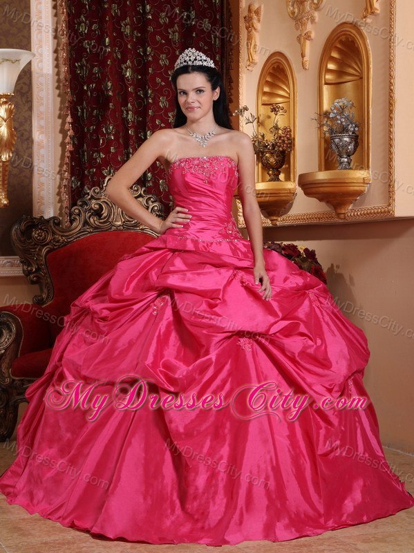 Strapless Beaded Pick Ups Coral Red Quinceanera Party Dresses