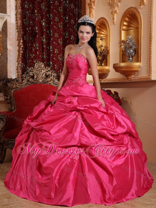 Strapless Beaded Pick Ups Coral Red Quinceanera Party Dresses