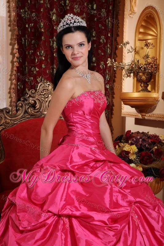 Strapless Beaded Pick Ups Coral Red Quinceanera Party Dresses