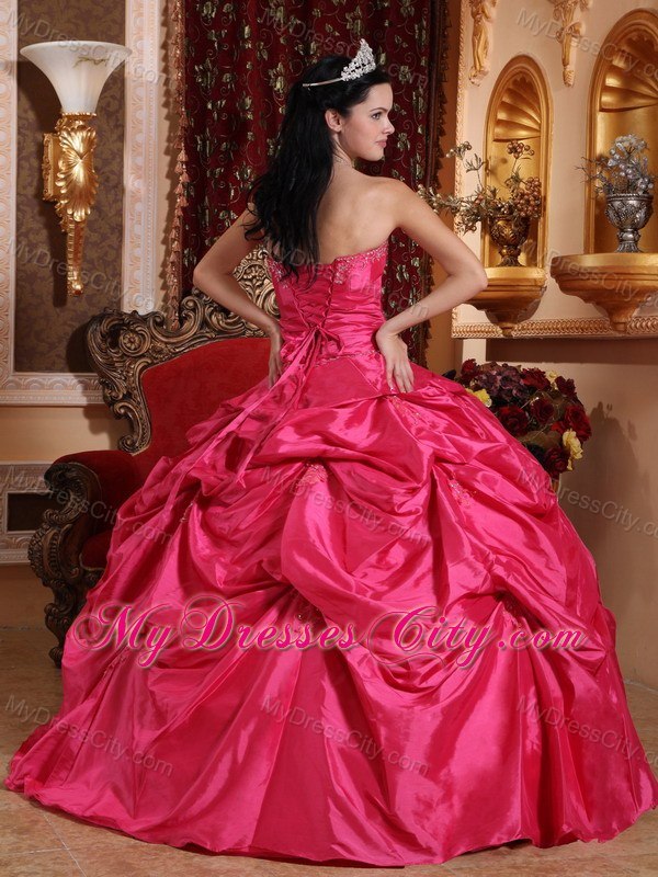 Strapless Beaded Pick Ups Coral Red Quinceanera Party Dresses