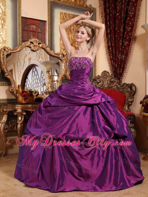 Appliques Strapless Taffeta Eggplant Purple Quinceanera Dresses