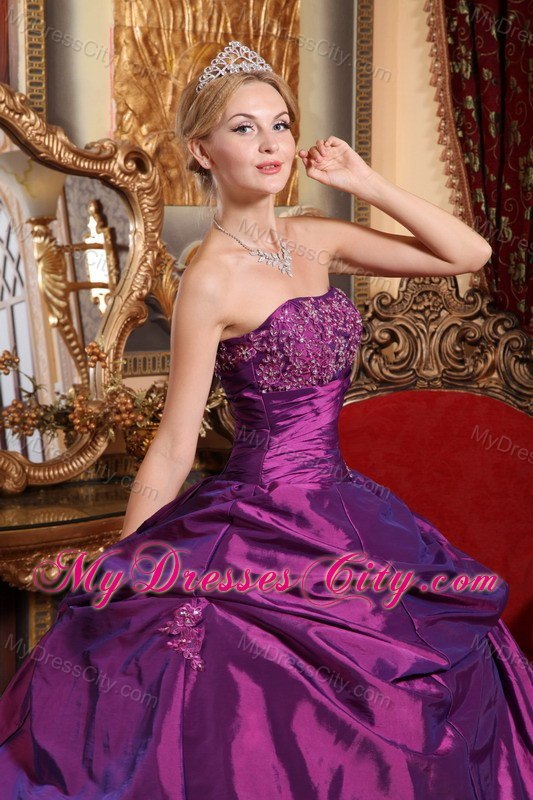 Appliques Strapless Taffeta Eggplant Purple Quinceanera Dresses