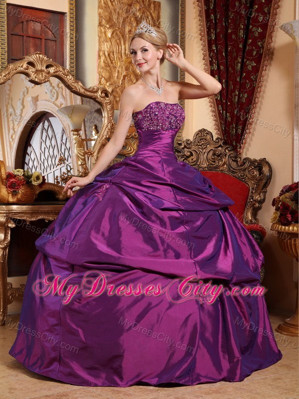 Appliques Strapless Taffeta Eggplant Purple Quinceanera Dresses