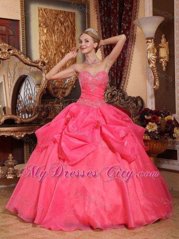 Sweetheart Appliques Coral Red Quinceanera Gowns With Pick Ups