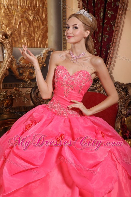 Sweetheart Appliques Coral Red Quinceanera Gowns With Pick Ups