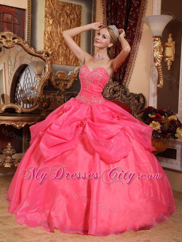 Sweetheart Appliques Coral Red Quinceanera Gowns With Pick Ups