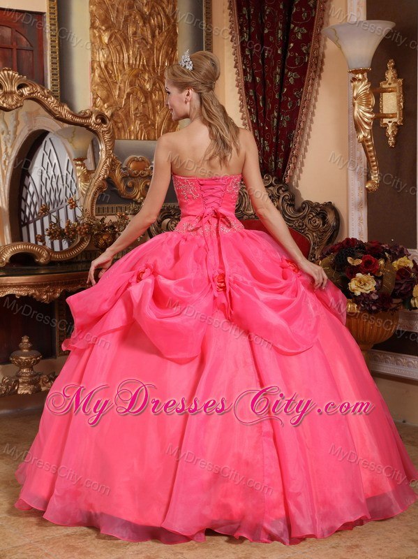 Sweetheart Appliques Coral Red Quinceanera Gowns With Pick Ups