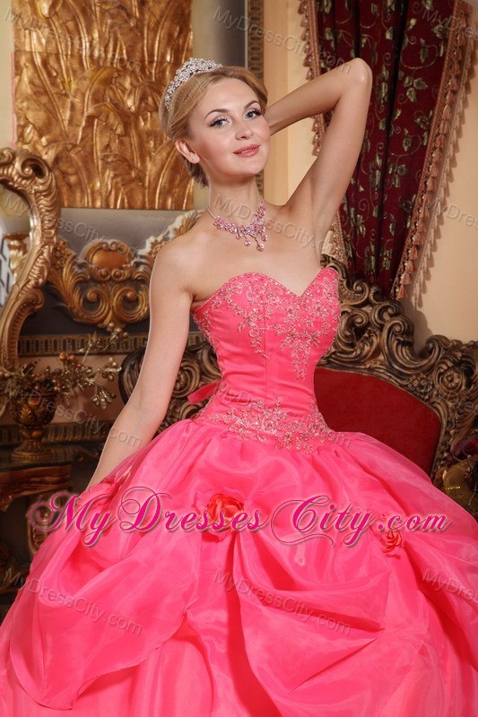 Sweetheart Appliques Coral Red Quinceanera Gowns With Pick Ups