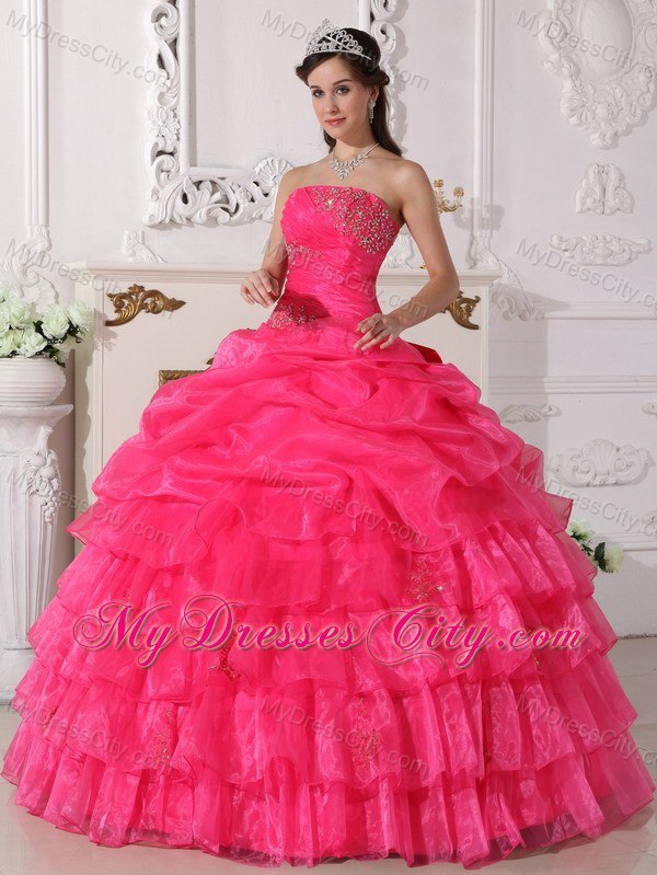 Strapless Tiered Appliques Hot Pink Quinceanera Gowns For 2013