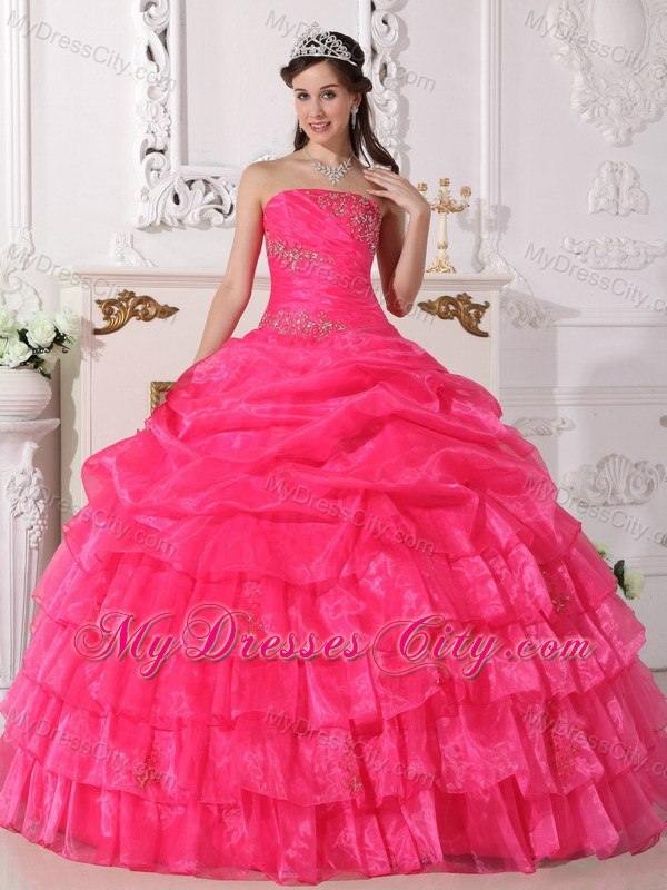 Strapless Tiered Appliques Hot Pink Quinceanera Gowns For 2013